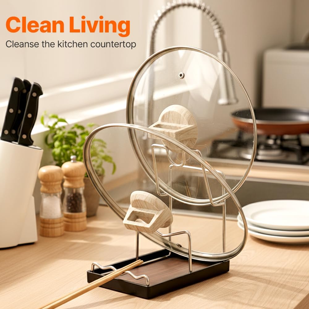 Kitchen Pot Lid Storage Rack, 304 Stainless Steel Pot Lid Holder While Cooking, Kitchen Spoon Rest with Lid Holder for Stove Top, Multifunctional Pan Lid Holder Organizer Pot Lid Rack (Walnut)