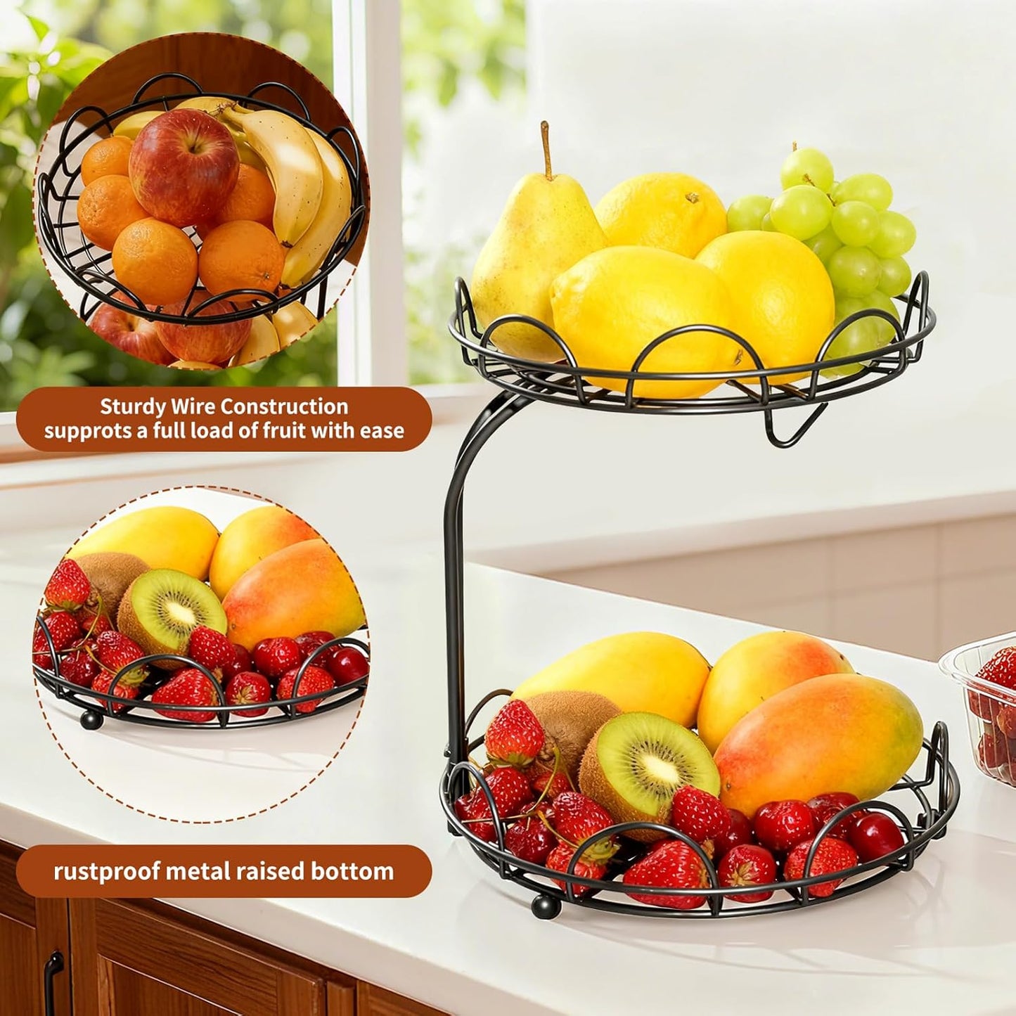 2-Tier Fruit Basket for Kitchen Counter, Metal Wire Fruit and Vegetable Storage Organizer with Bottom Slide-Out Tray, Space Saving Design for Pantry, Countertop (Black)