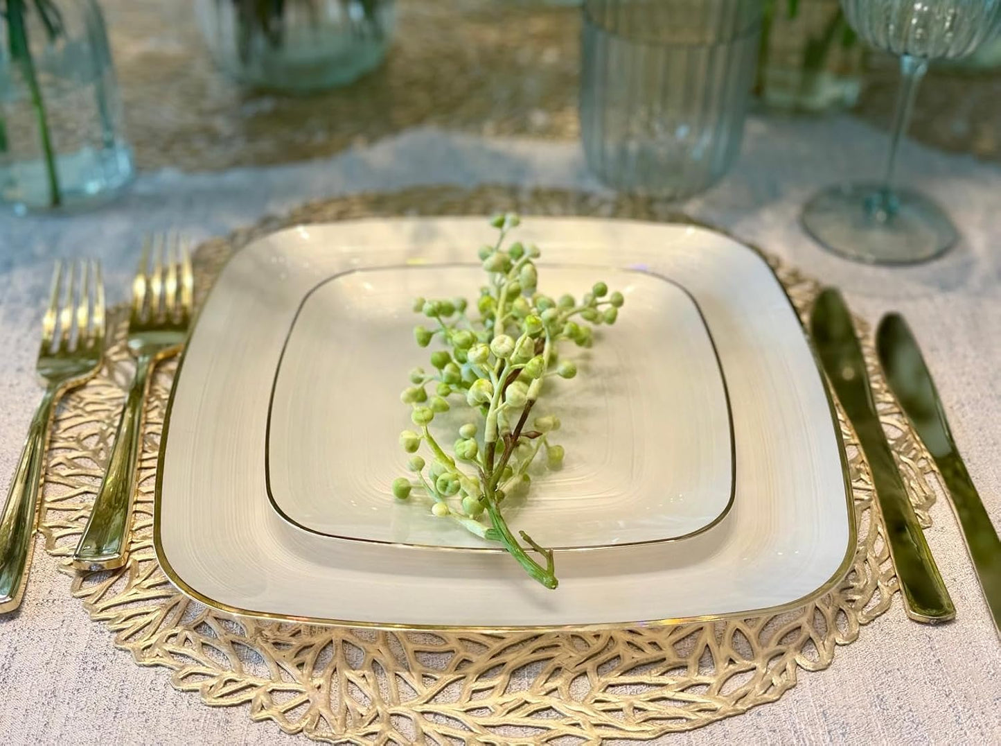 " OCCASIONS " 120 Pieces Pack,(60 Guests) Premium Wedding Party Disposable Plastic Plates Set -60 x 10'' Dinner + 60 x 7'' Salad/Dessert (Belize Square in Ivory & Gold)