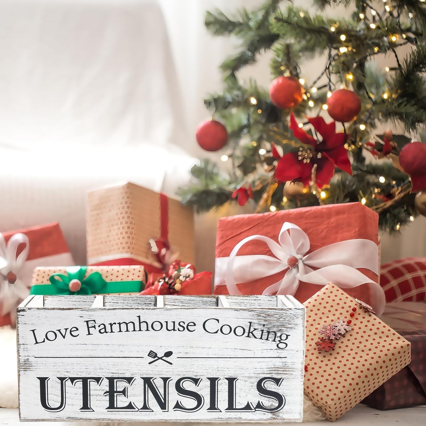 Kitchen Utensil Holder,Farmhouse Wooden Utensil Holder For Kitchen Counter,Extra Large Cooking Spatula Organizer,Big Storage With 4 Compartments Flatware Spoon Tool Cutlery(Retro White)