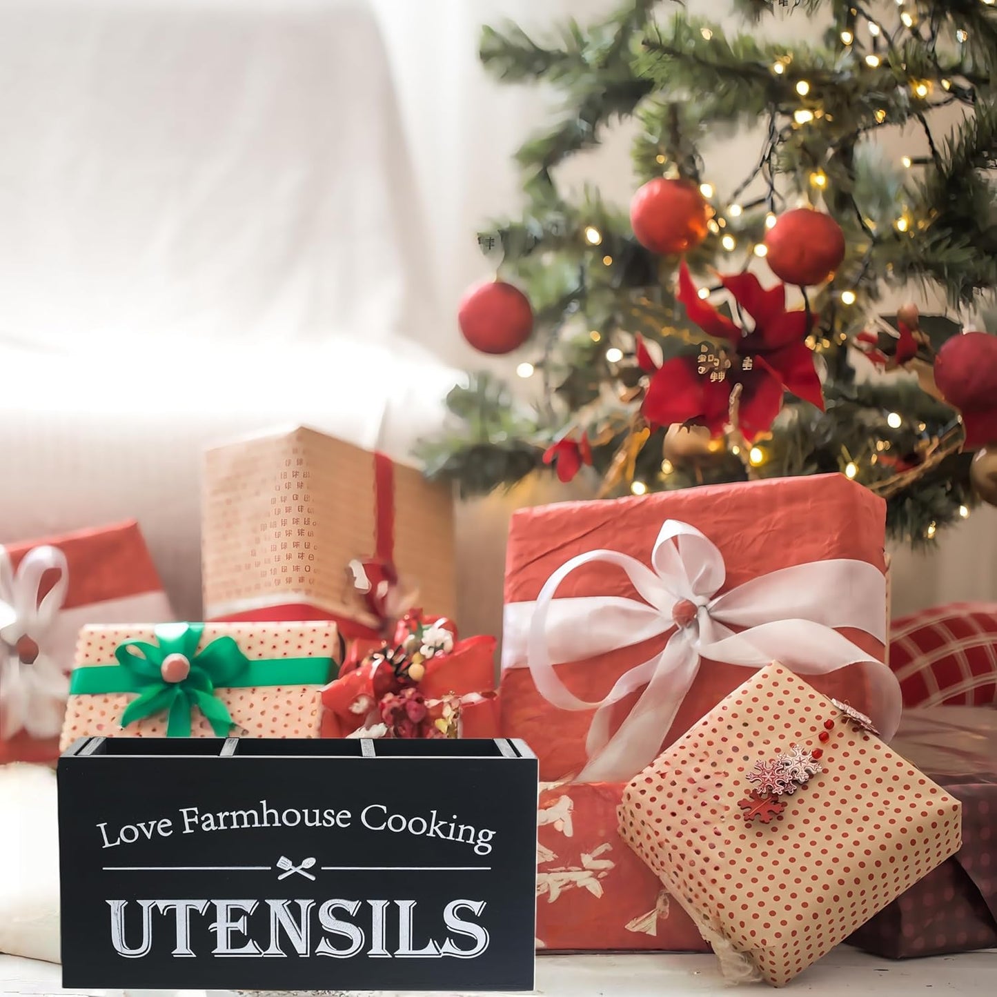 Kitchen Utensil Holder,Farmhouse Wooden Utensil Holder For Kitchen Counter,Large Cooking Spatula Organizer,Big Storage With 3 Compartments Flatware Spoon Tool Cutlery(Black)