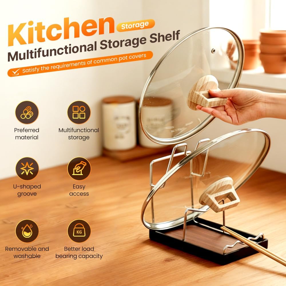 Kitchen Pot Lid Storage Rack, 304 Stainless Steel Pot Lid Holder While Cooking, Kitchen Spoon Rest with Lid Holder for Stove Top, Multifunctional Pan Lid Holder Organizer Pot Lid Rack (Walnut)