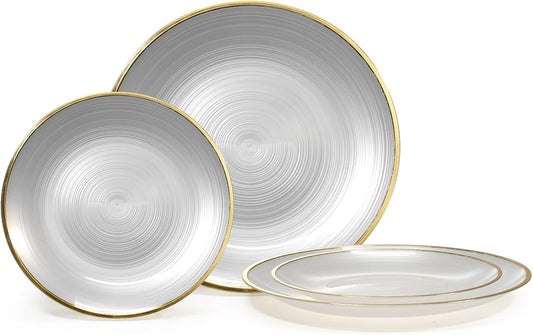 " OCCASIONS " 120 Plates Pack,(60 Guests) Premium Wedding Party Disposable Plastic Plates Set -60 x 10'' Dinner + 60 x 7'' Salad/Dessert (Belize in White Pearl & Gold)