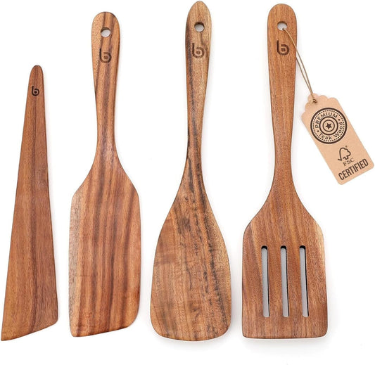 4-Piece Teak Wood Spurtle Utensil Set – Premium Natural Wooden Cooking Tools for Nonstick Cookware, Stirring & Serving – Durable, Non-Toxic Kitchen Spatulas