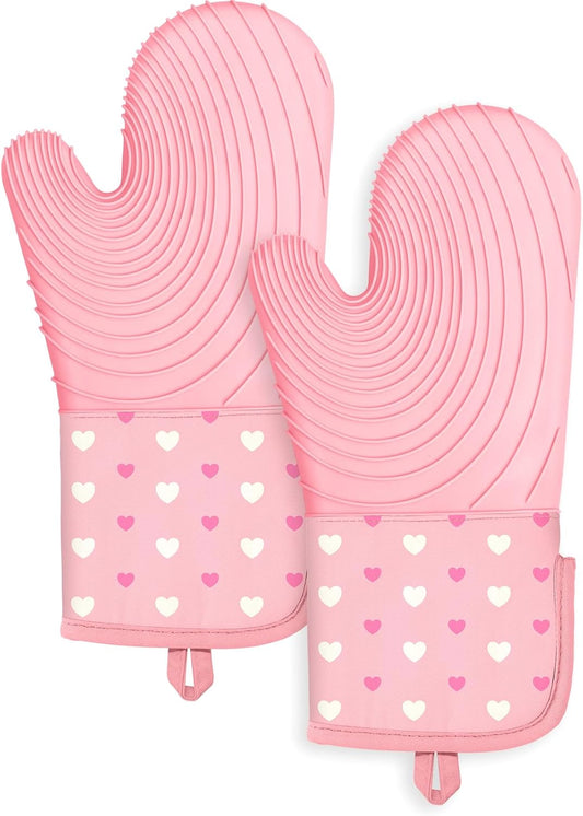 Slohif Long Silicone Oven Mitts Heat Resistant for Women - 2 Pcs Heart 100% Cotton Oven Gloves, Non-Slip and Waterproof Silicone Oven Mitts with Hanger for Baking and Cooking