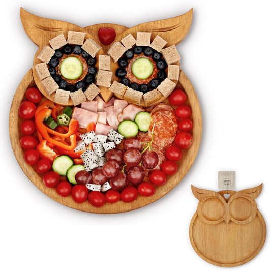 Owl-Shaped Wooden Charcuterie Board, 12" Cheese & Meat Platter, Large Serving Tray, Housewarming