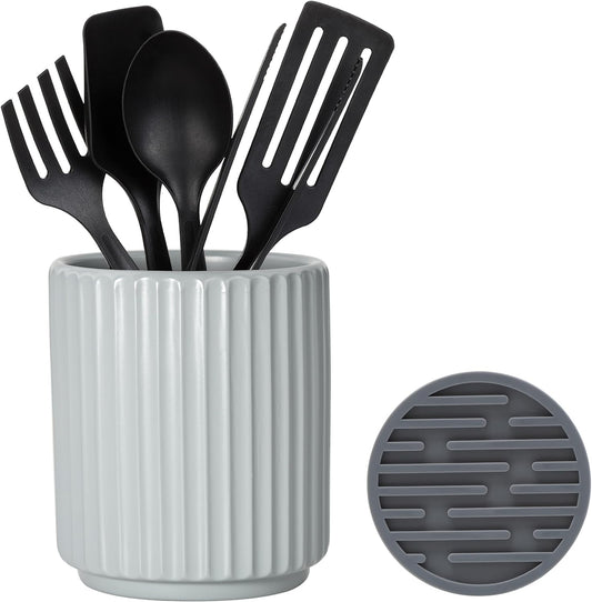 Small Utensil Holder for Kitchen Counter (H5.51” x W4.92”) Ceramic Countertop Utensil Holder for Kitchen Utensils Crock for Countertop Includes Silicone Drying Mat Light Cadetblue