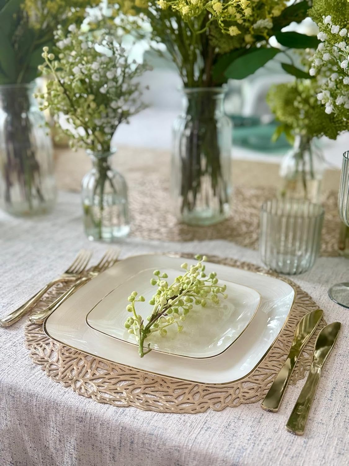 " OCCASIONS " 120 Pieces Pack,(60 Guests) Premium Wedding Party Disposable Plastic Plates Set -60 x 10'' Dinner + 60 x 7'' Salad/Dessert (Belize Square in Ivory & Gold)