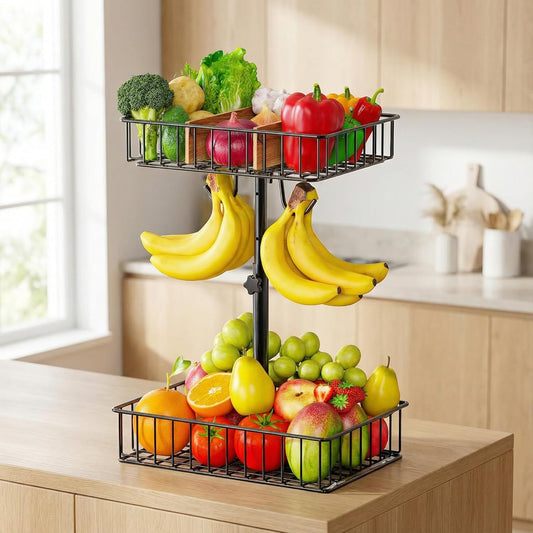 Fruit Basket for Kitchen Countertop, 2-Tier Fruit Bowl with Removable Banana Hooks, 4-Level Adjustable Height Kitchen Organizer for Banana, Vegetable, and Snack Storage