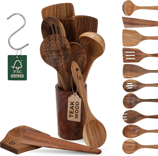 Teak Wood Utensil Set – Premium Natural Wooden Cooking Tools for Nonstick Cookware, Stirring & Serving – Durable, Non-Toxic Kitchen Spatulas (12)