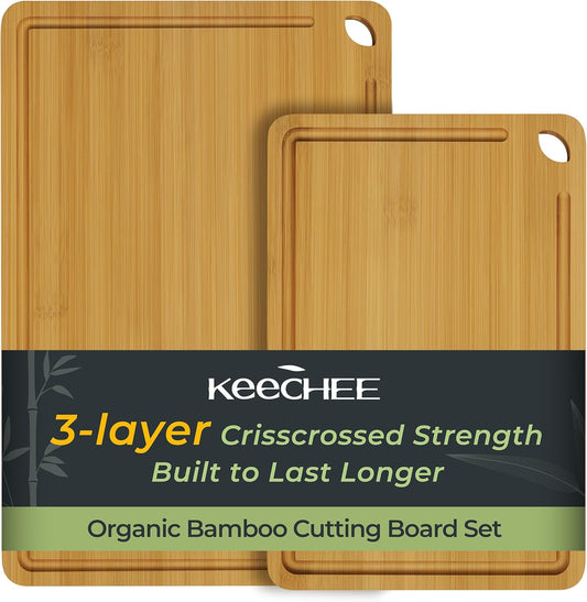 Chopping Board 2-Pcs Natural Bamboo Cutting Board With Juice Channels & Knife-Friendly Finish For Versatile Kitchen Use, Ideal Charcuterie & Chopping Multi-Use