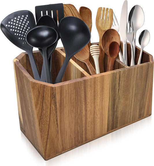 Large Kitchen Utensil Holder for Countertop – Acacia Wood Utensil Organizer with 3 Compartments, Beveled Edges Design, Non-Slip Silicone Pads & Drain Hole – Rustic Farmhouse Utensil Caddy Crock