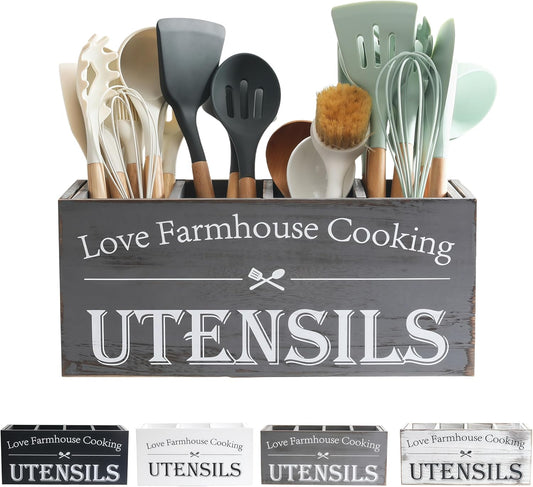 Kitchen Utensil Holder,Farmhouse Wooden Utensil Holder For Kitchen Counter,Extra Large Cooking Spatula Organizer,Big Storage With 4 Compartments Flatware Spoon Tool Cutlery（Grey）