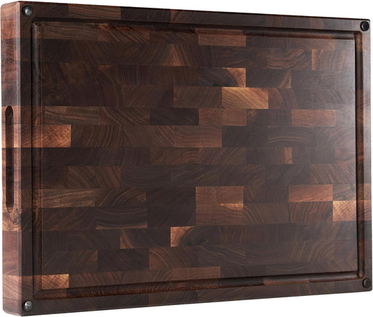American Black Walnut Wood Cutting Board 20"x15"x2"(Large and Thick) for Kitchen with Juice Groove, Inner Handles, End Grain Butcher Block Finished with Linseed Oil, Beeswax, Lemon Oil, Giftbox
