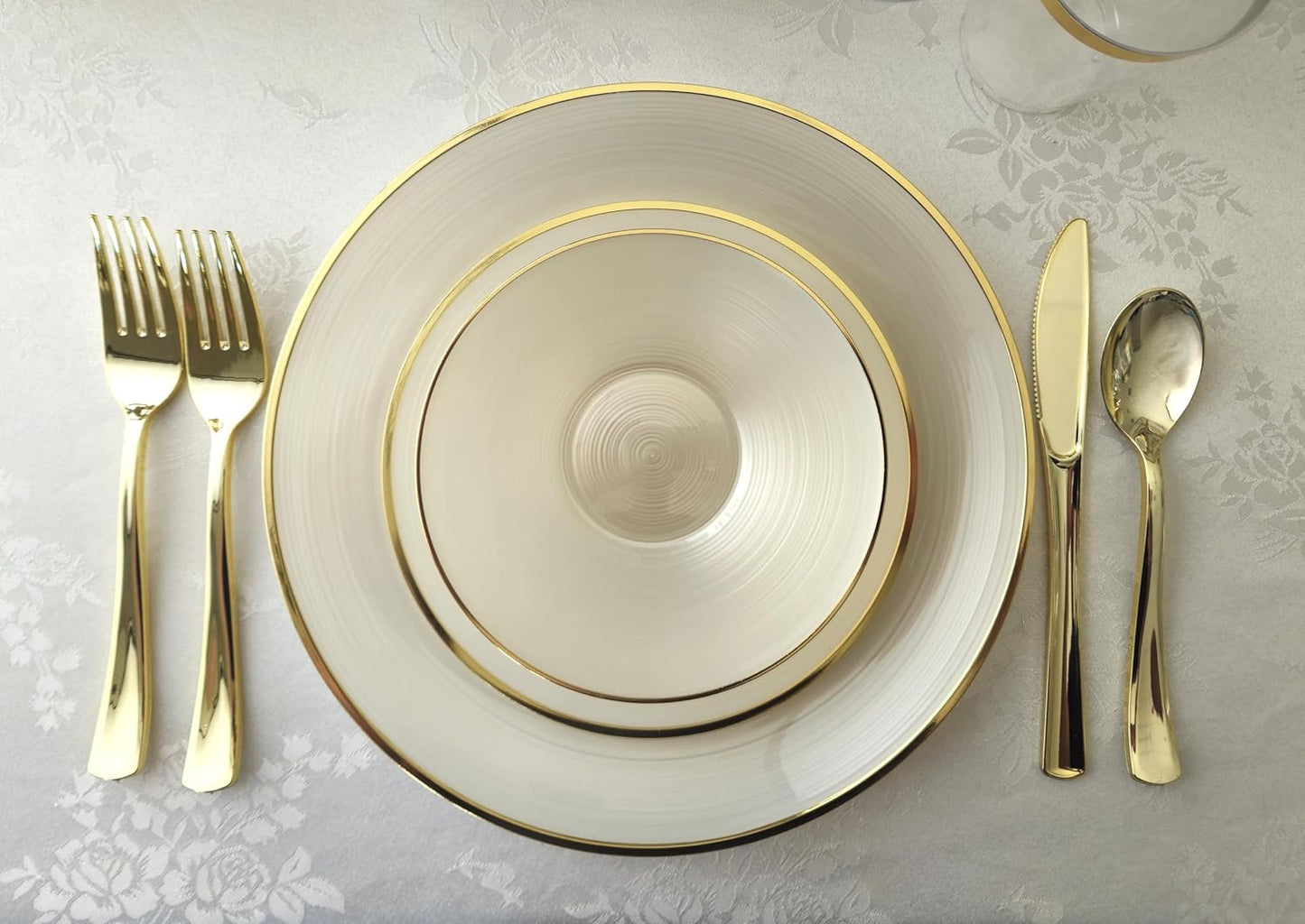 " OCCASIONS " 100 Plates Pack,(50 Guests) Premium Wedding Party Disposable Plastic Plates Set -50 x 10'' Dinner + 50 x 7'' Salad/Dessert (Belize in Ivory & Gold)