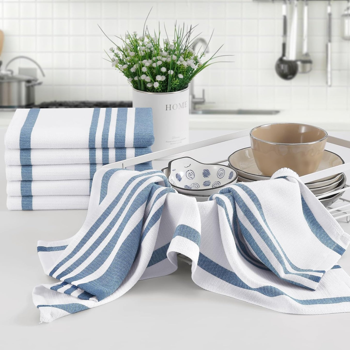 Homaxy Premium Kitchen Towels 18”x 28”, Large Cotton 380 GSM Kitchen Hand Towels, Stripe and Terry Dish Towel, Highly Absorbent Tea Towel Set with Hanging Loop, 8 Pack, Navy Blue